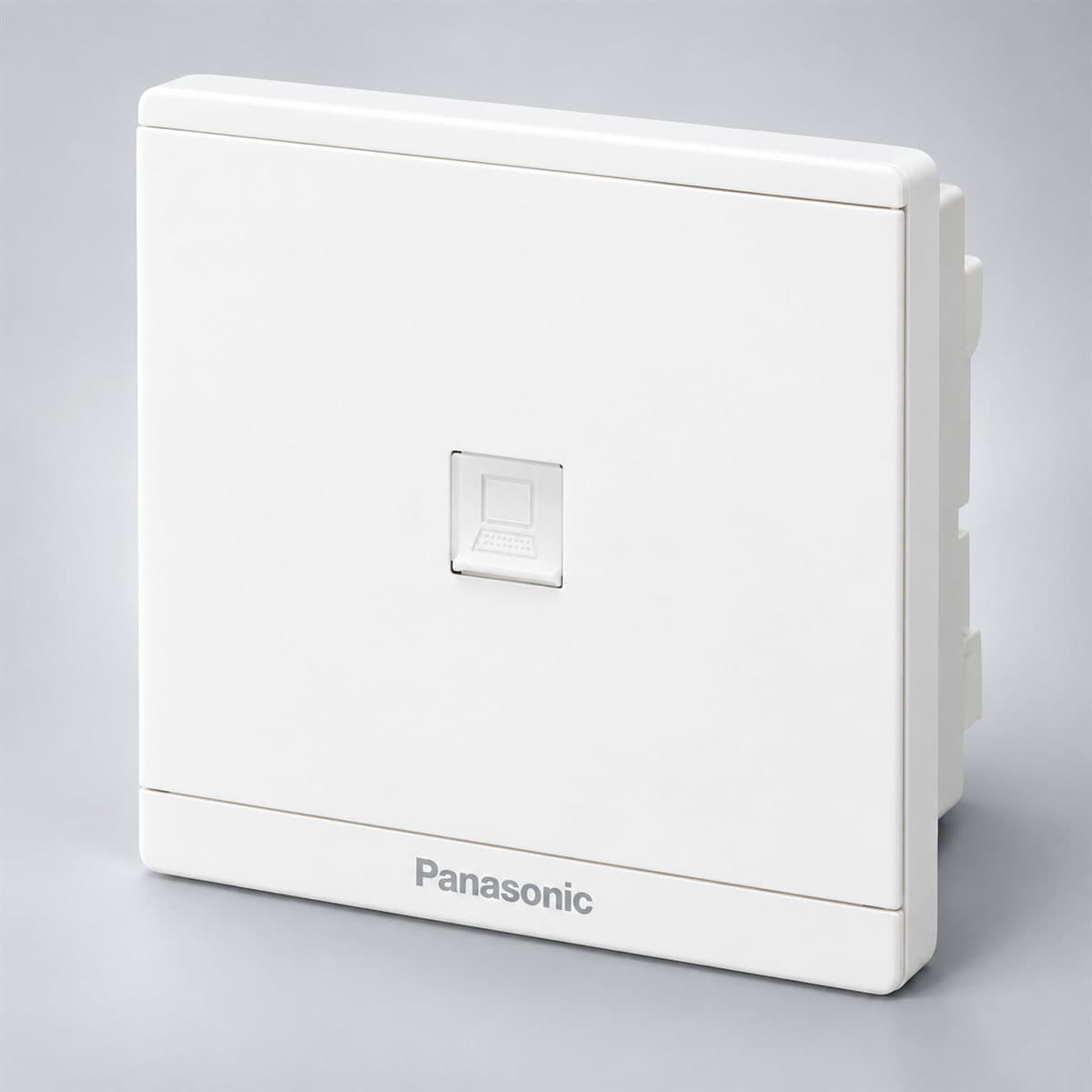 Ổ cắm data CAT5E Moderva Panasonic chụp góc nghiêng 3/4, thấy rõ mặt và cạnh bên