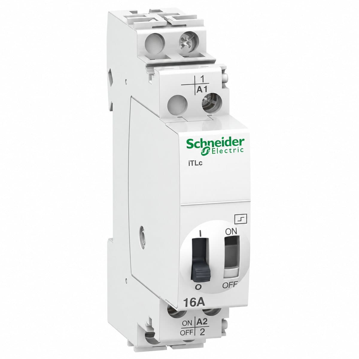 Rơ le xung điều khiển tập trung Acti9 iTLc Schneider trên nền trắng, ảnh sản phẩm chính diện