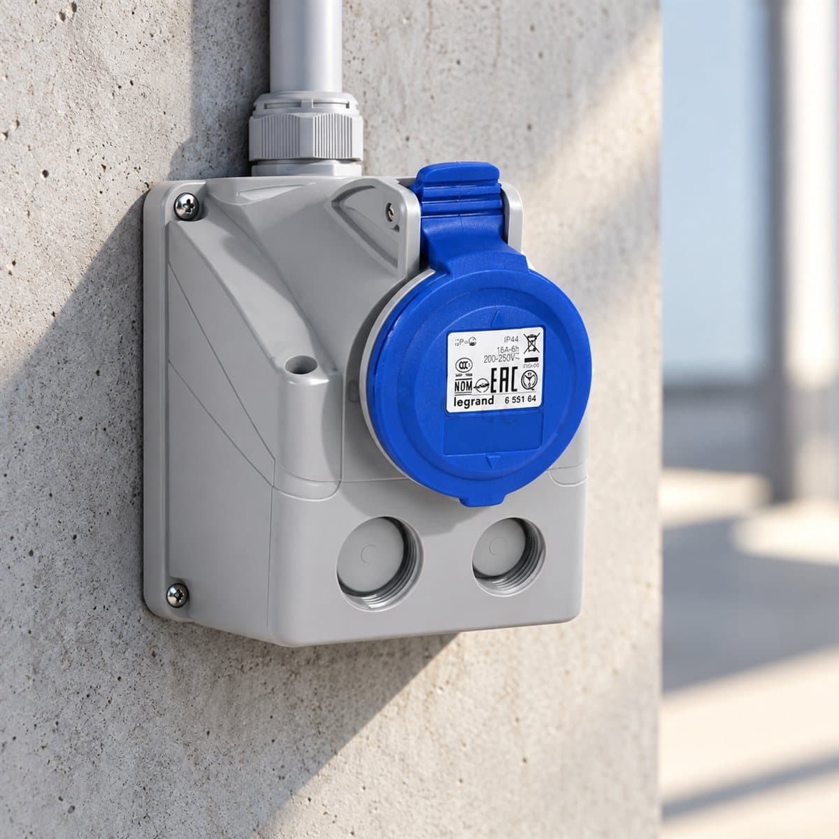 Ổ cắm gắn nổi công nghiệp P17 Tempra Pro IP44 Legrand đã lắp đặt trong nhà