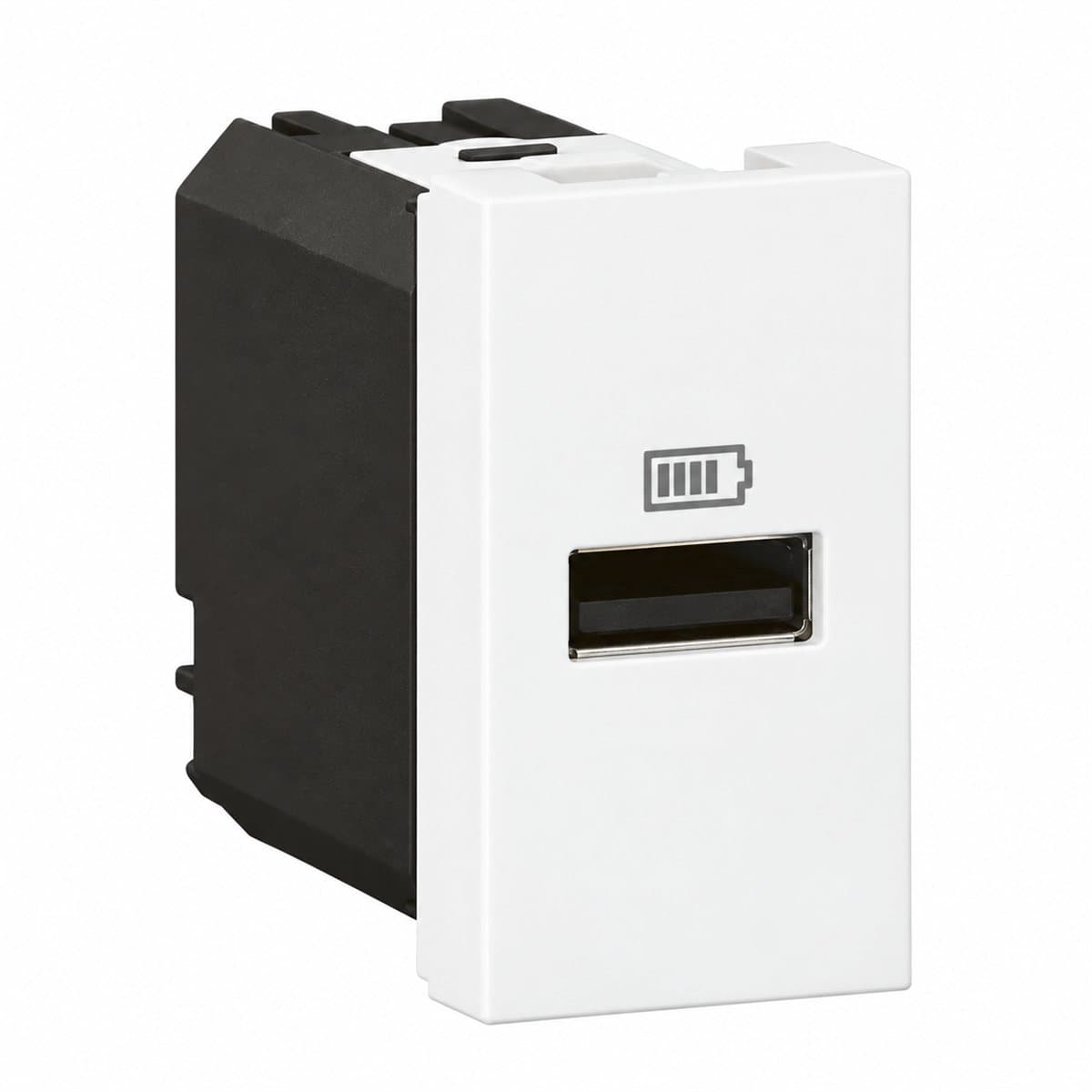 Ổ sạc USB đơn type A, 15W, 1 mô-đun Mosaic cho hộp âm sàn Legrand trên nền trắng, ảnh sản phẩm chính diện