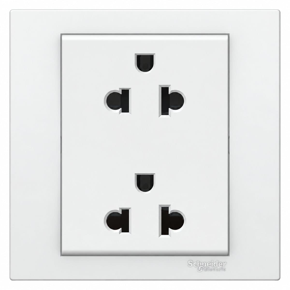 Ổ cắm 3 chấu đôi Vivace Schneider trên nền trắng, ảnh sản phẩm chính diện