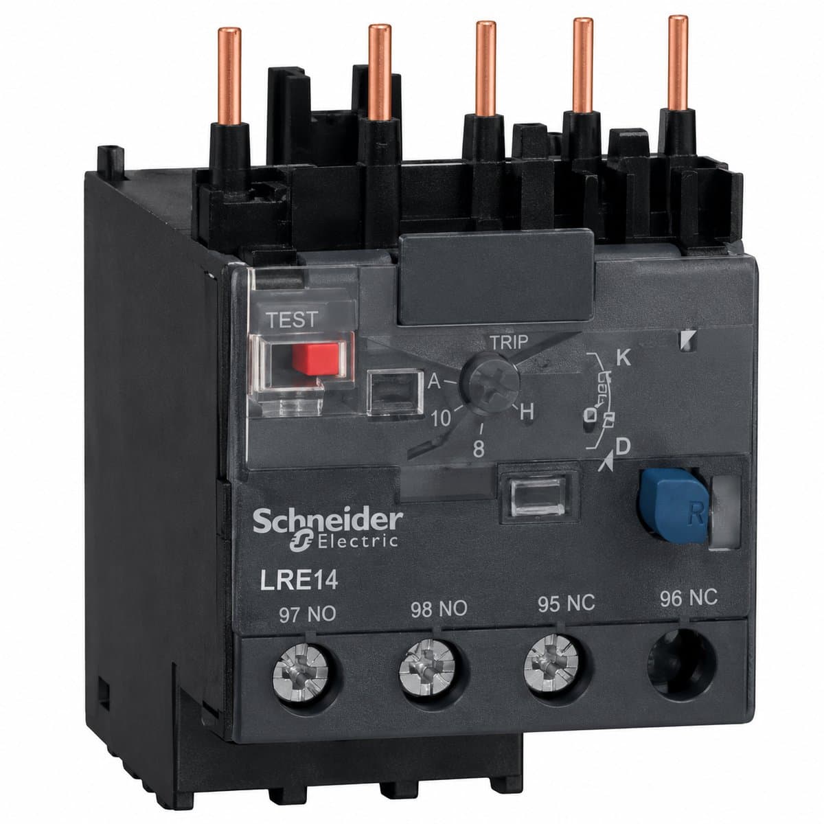 Rơ le quá tải nhiệt loại K, D Schneider trên nền trắng, ảnh sản phẩm chính diện