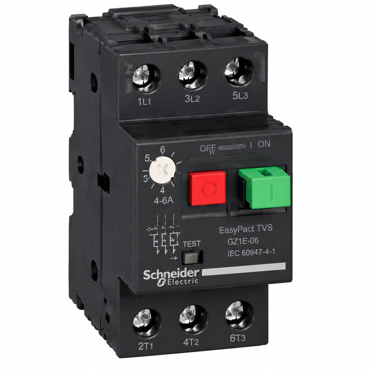 CB bảo vệ động cơ EasyPact TVS GZ1E Schneider trên nền trắng, ảnh sản phẩm chính diện