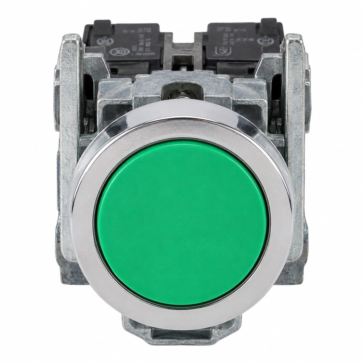 Nút nhấn XB4 Ø22 vành kim loại loại flush, lò xo Schneider trên nền trắng, ảnh sản phẩm chính diện
