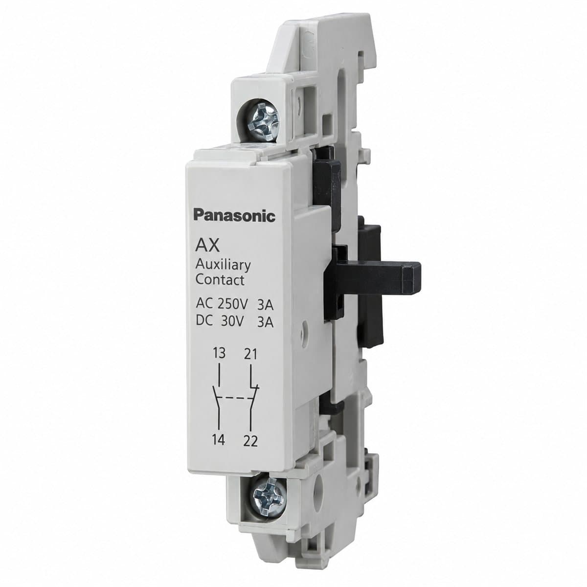Tiếp điểm phụ báo trạng thái, bên phải MCCB SF Panasonic trên nền trắng, ảnh sản phẩm chính diện