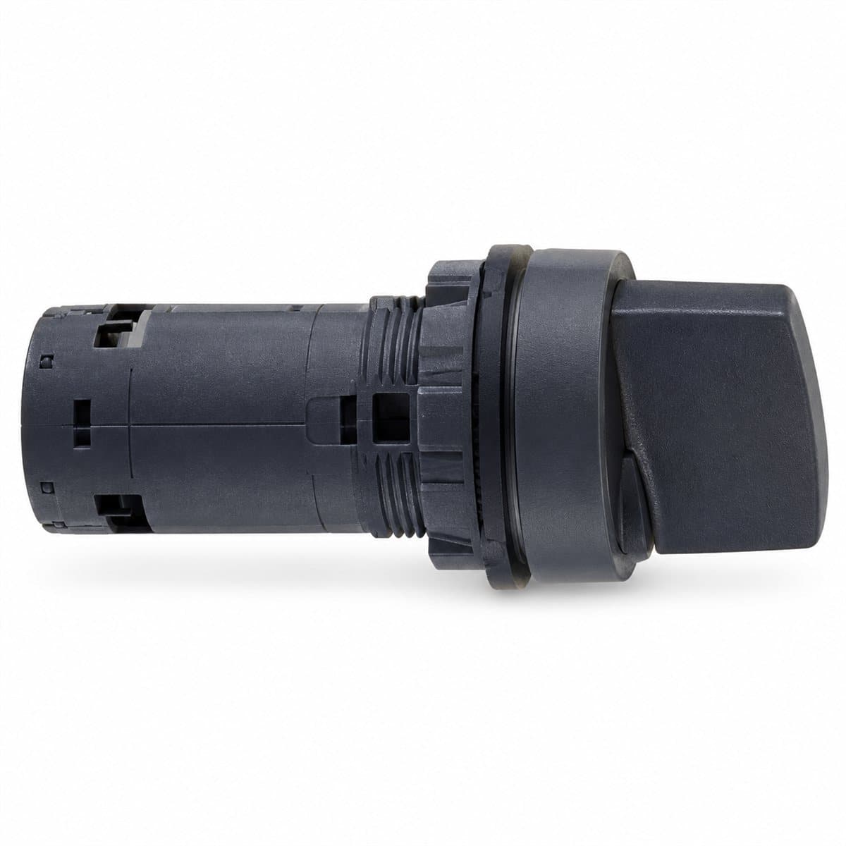 Công tắc xoay tay nắm đen Harmony XB7 Ø22 Schneider trên nền trắng, ảnh sản phẩm chính diện