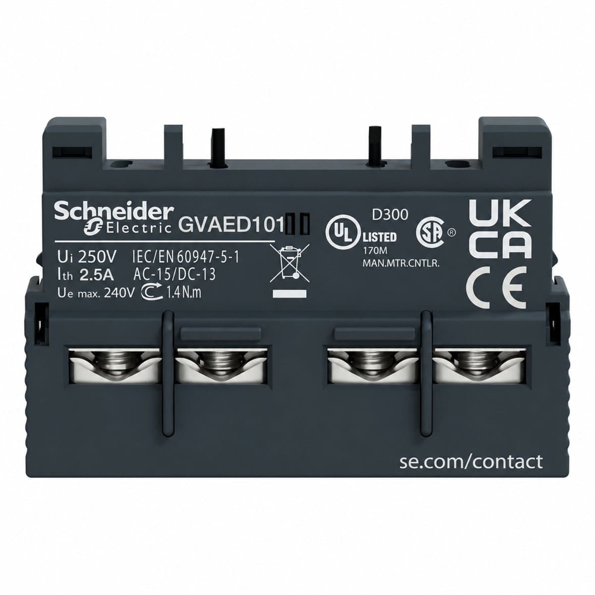 Khối tiếp điểm phụ TeSys GV3 Schneider trên nền trắng, ảnh sản phẩm chính diện
