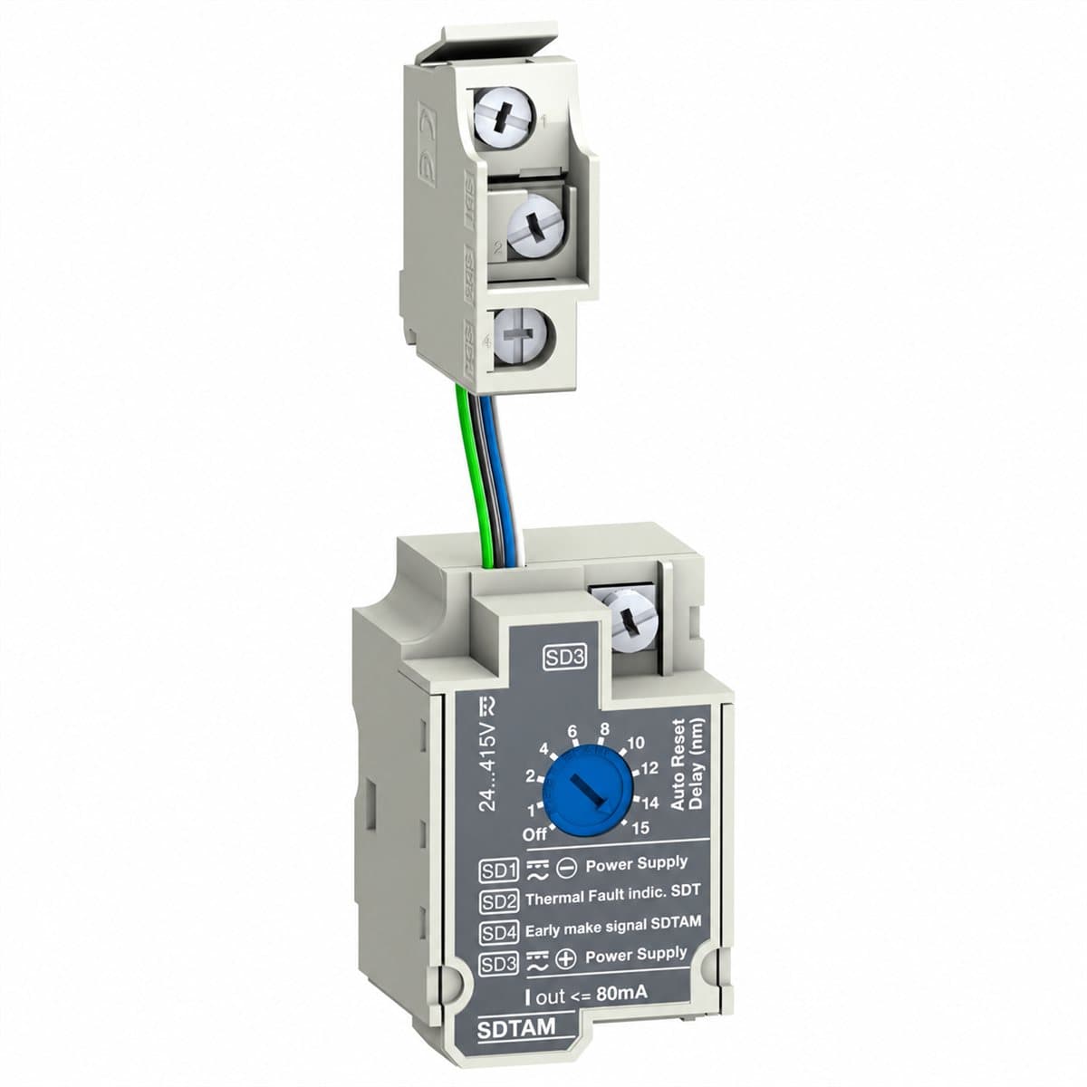 Mô-đun SDTAM cắt contactor cho MCCB ComPacT NSX Schneider trên nền trắng, ảnh sản phẩm chính diện