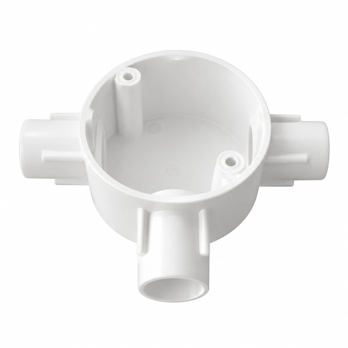 Hộp nối tròn 3 ngã ống luồn PVC Panasonic trên nền trắng, ảnh sản phẩm chính diện