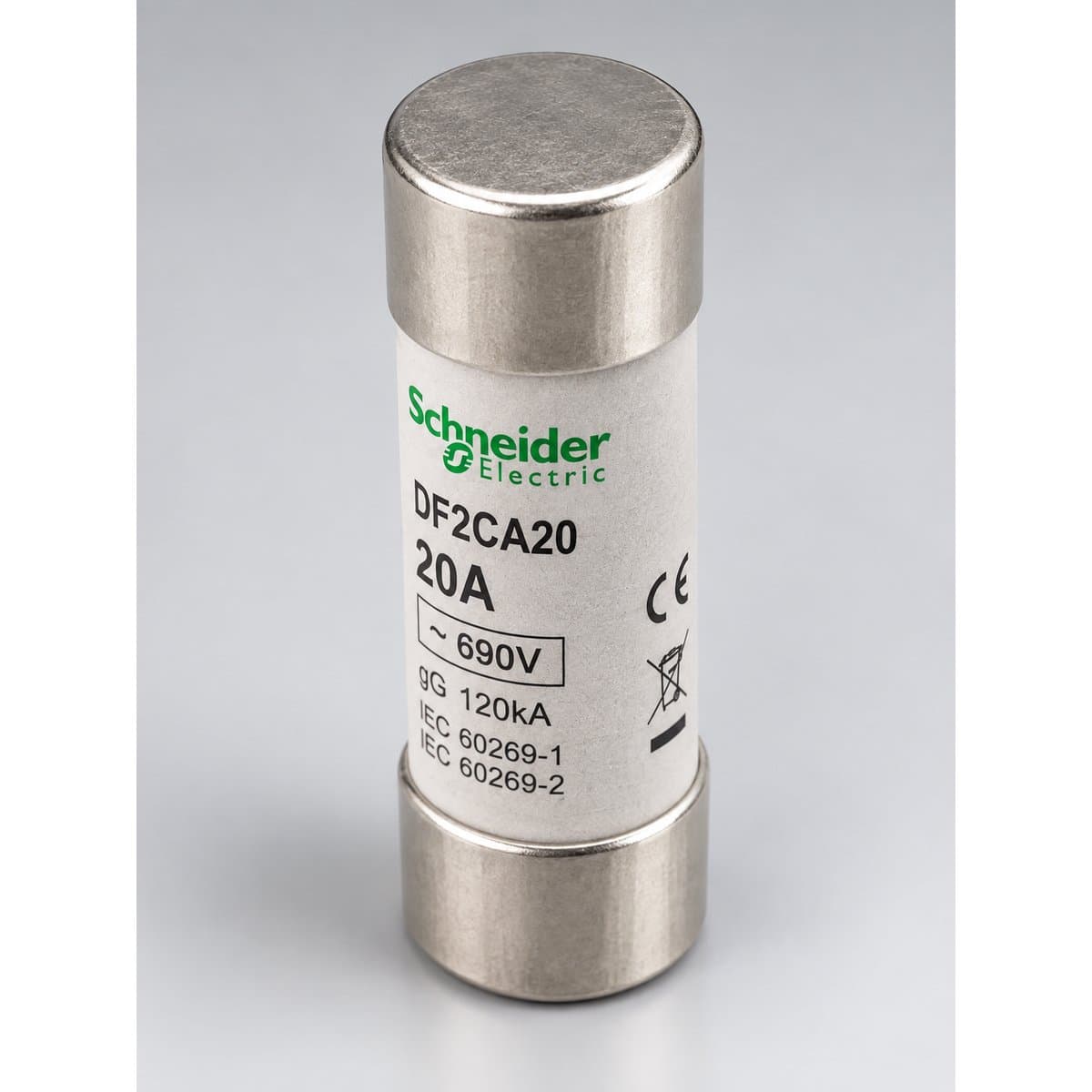 Cầu chì cartridge Schneider chụp góc nghiêng 3/4, thấy rõ mặt và cạnh bên