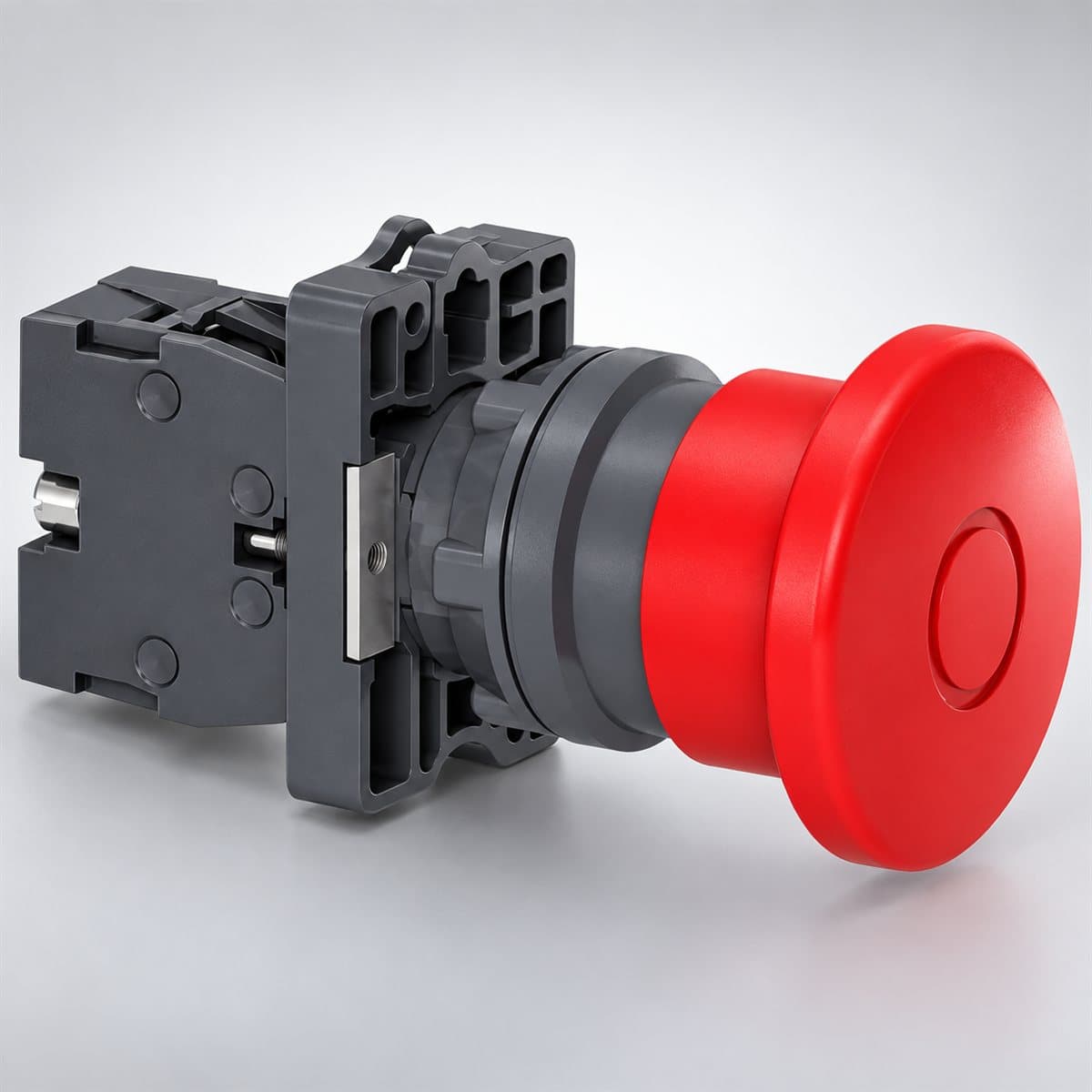 Nút dừng khẩn nhấn-kéo nhả Harmony XA2 Ø22 Schneider chụp góc nghiêng 3/4, thấy rõ mặt và cạnh bên