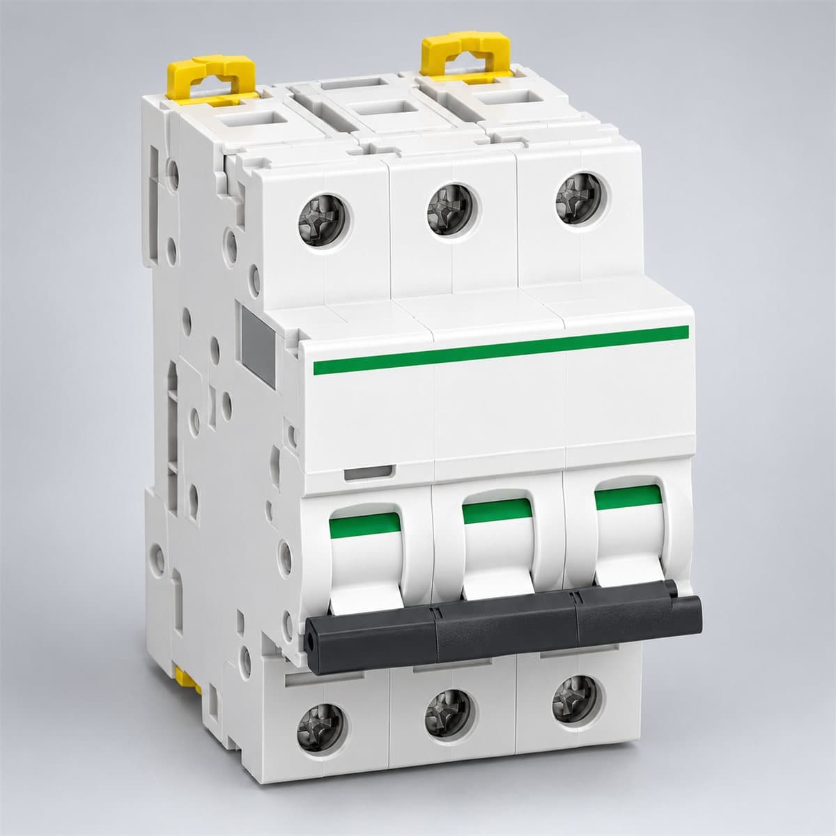MCB Acti9 iC60N Schneider chụp góc nghiêng 3/4, thấy rõ mặt và cạnh bên