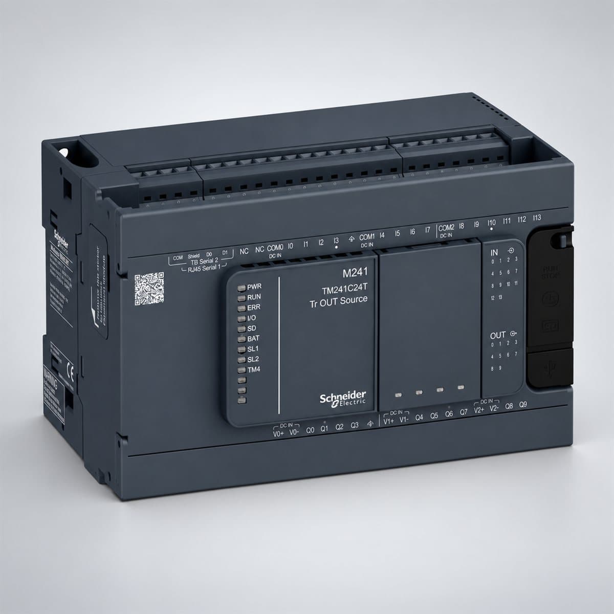 Bộ điều khiển PLC Modicon M241 Schneider chụp góc nghiêng 3/4, thấy rõ mặt và cạnh bên