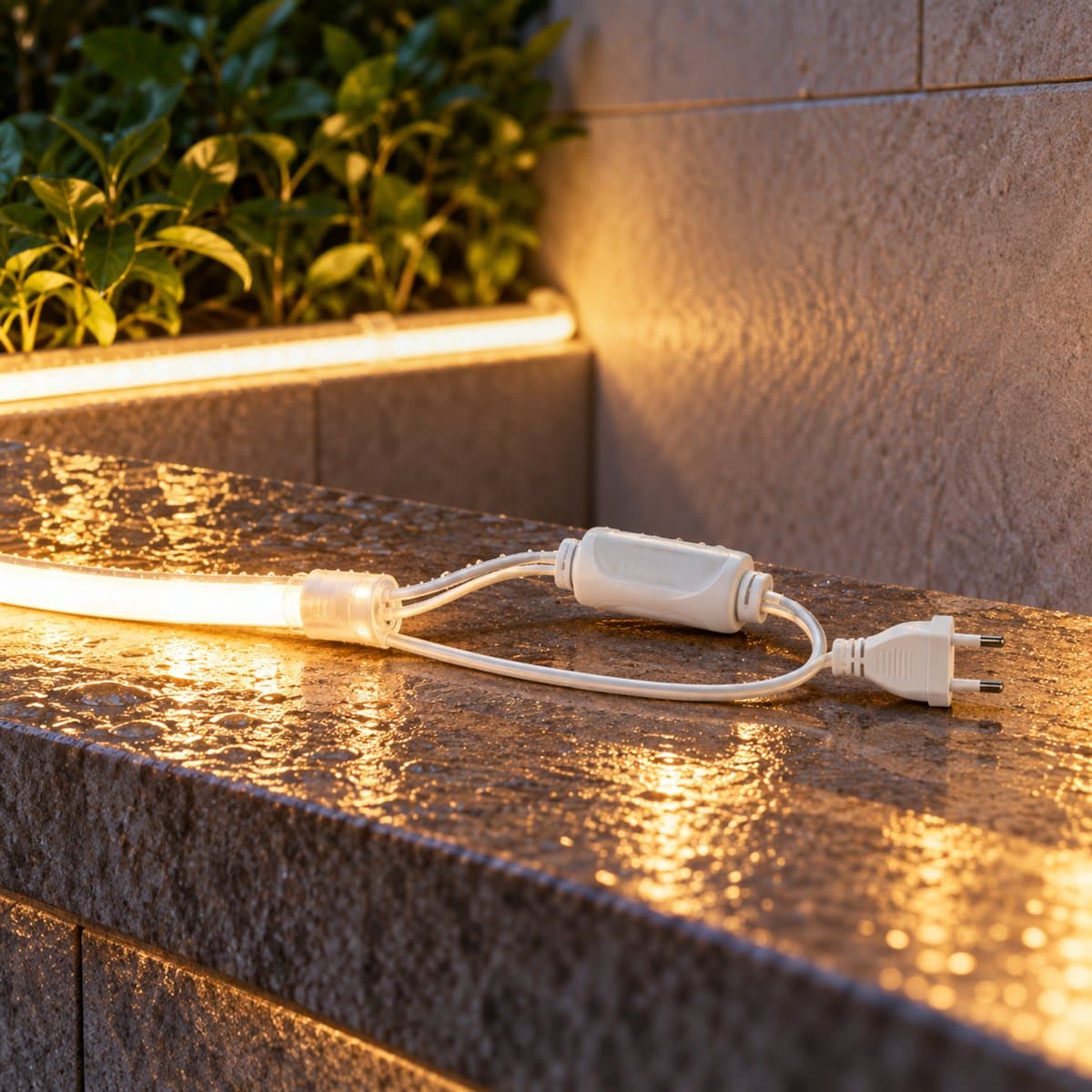 Khớp nối giữa LED dây ngoài trời Panasonic đã lắp đặt, đang chiếu sáng