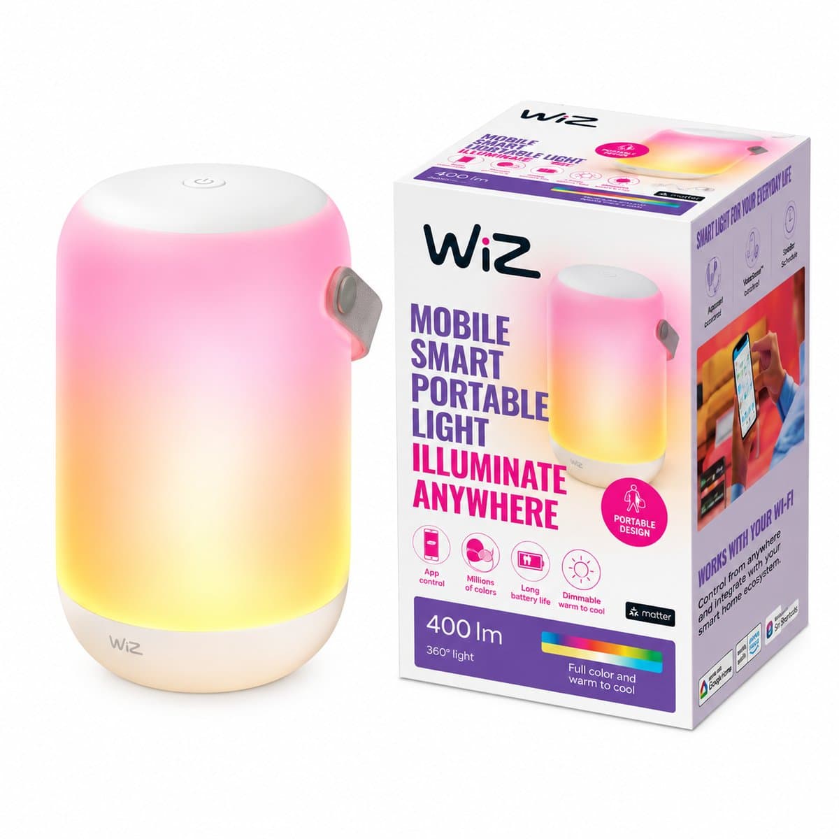 Đèn di động thông minh WiZ Mobile Portable Light trên nền trắng, ảnh sản phẩm chính diện