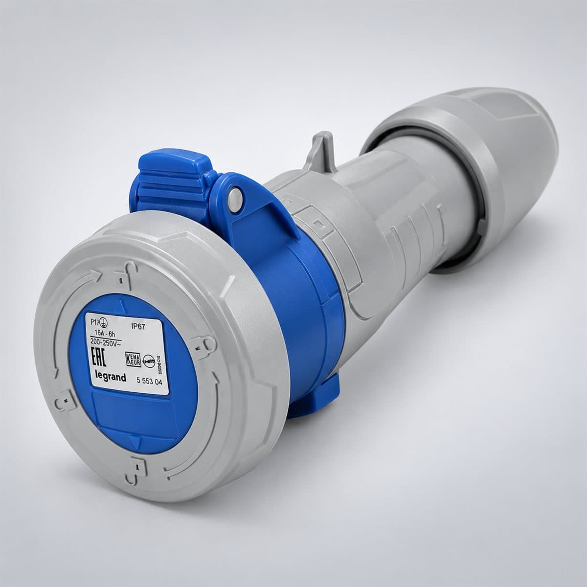 Ổ cắm nối công nghiệp P17 Tempra Pro IP67 Legrand chụp góc nghiêng 3/4, thấy rõ mặt và cạnh bên