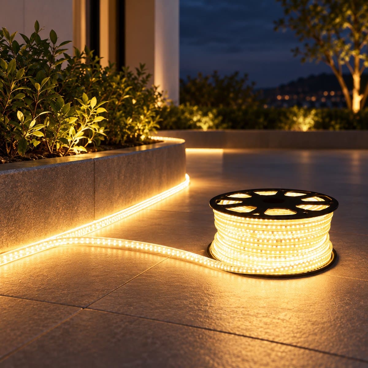 Đèn LED dây ngoài trời Panasonic đã lắp đặt, đang chiếu sáng