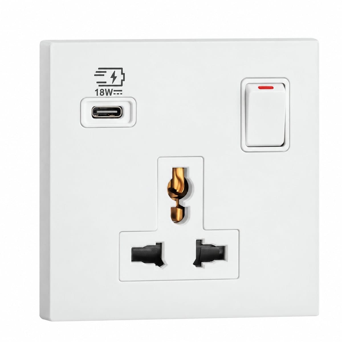 Ổ cắm đa năng có công tắc và ổ sạc USB Type C Obria Legrand trên nền trắng, ảnh sản phẩm chính diện