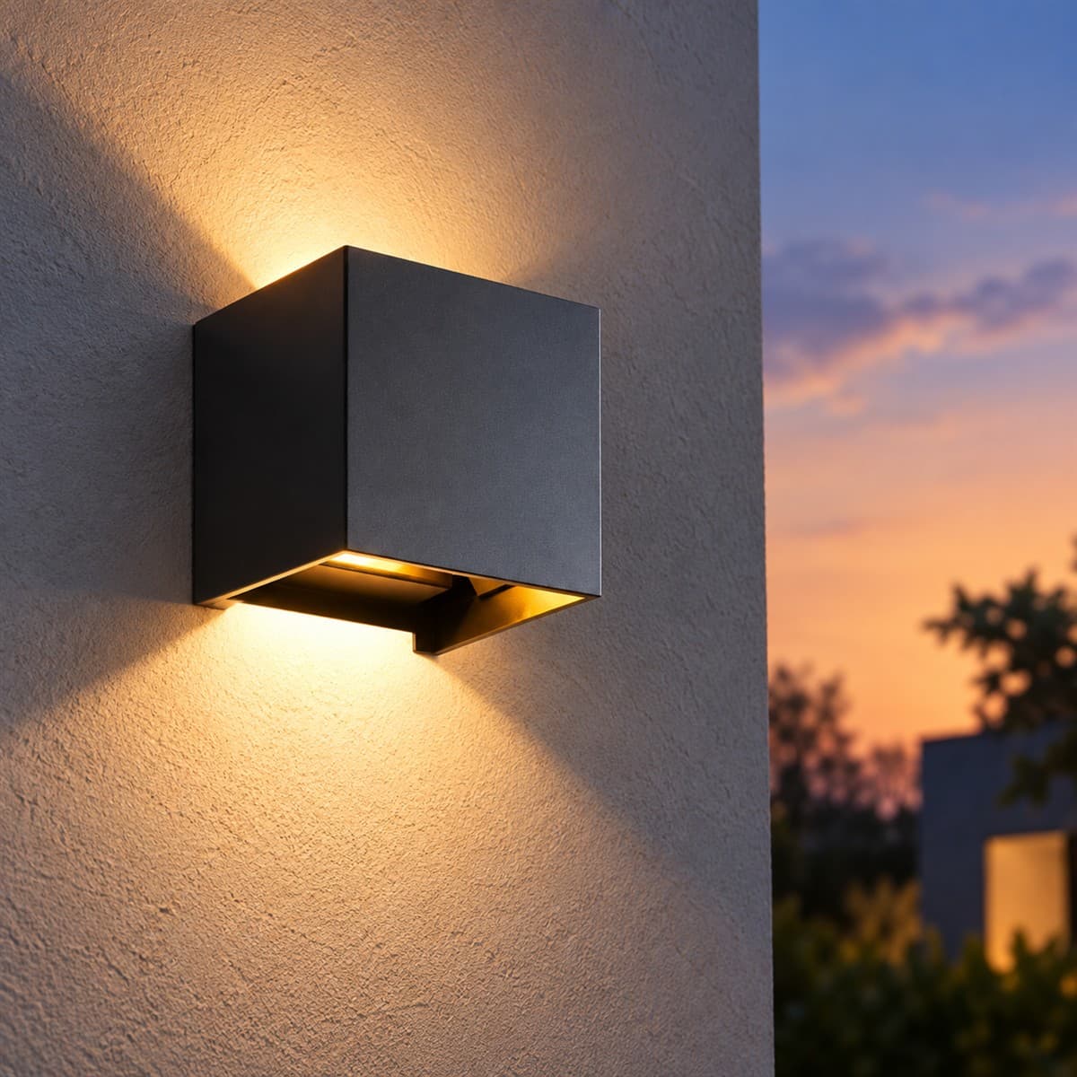 Đèn gắn tường ngoài trời vuông 2x6W Lumi đã lắp đặt, đang chiếu sáng