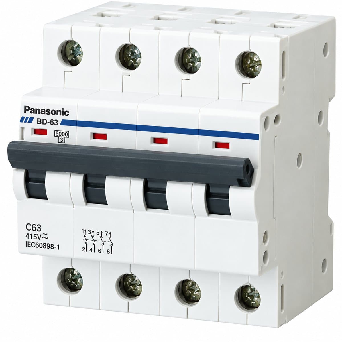 MCB có chỉ báo trạng thái Panasonic trên nền trắng, ảnh sản phẩm chính diện