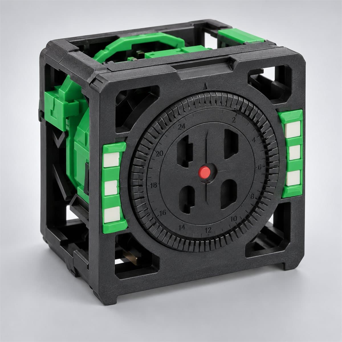 Bộ hẹn giờ analog 24h Schneider chụp góc nghiêng 3/4, thấy rõ mặt và cạnh bên
