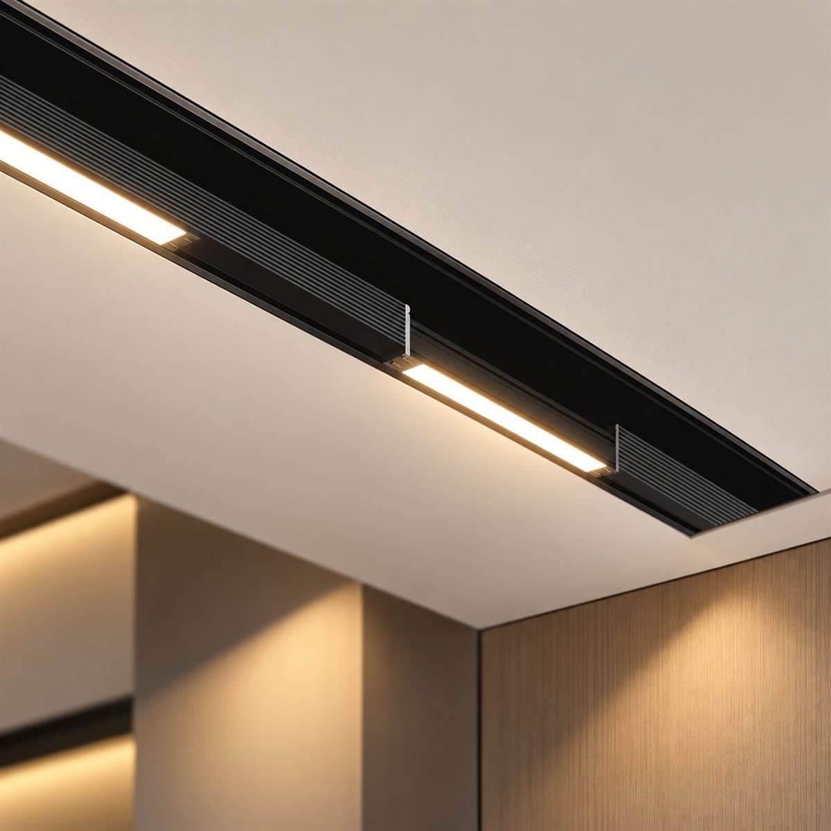 Thanh ray nam châm lắp âm NMG1-RR Panasonic đã lắp đặt, đang chiếu sáng