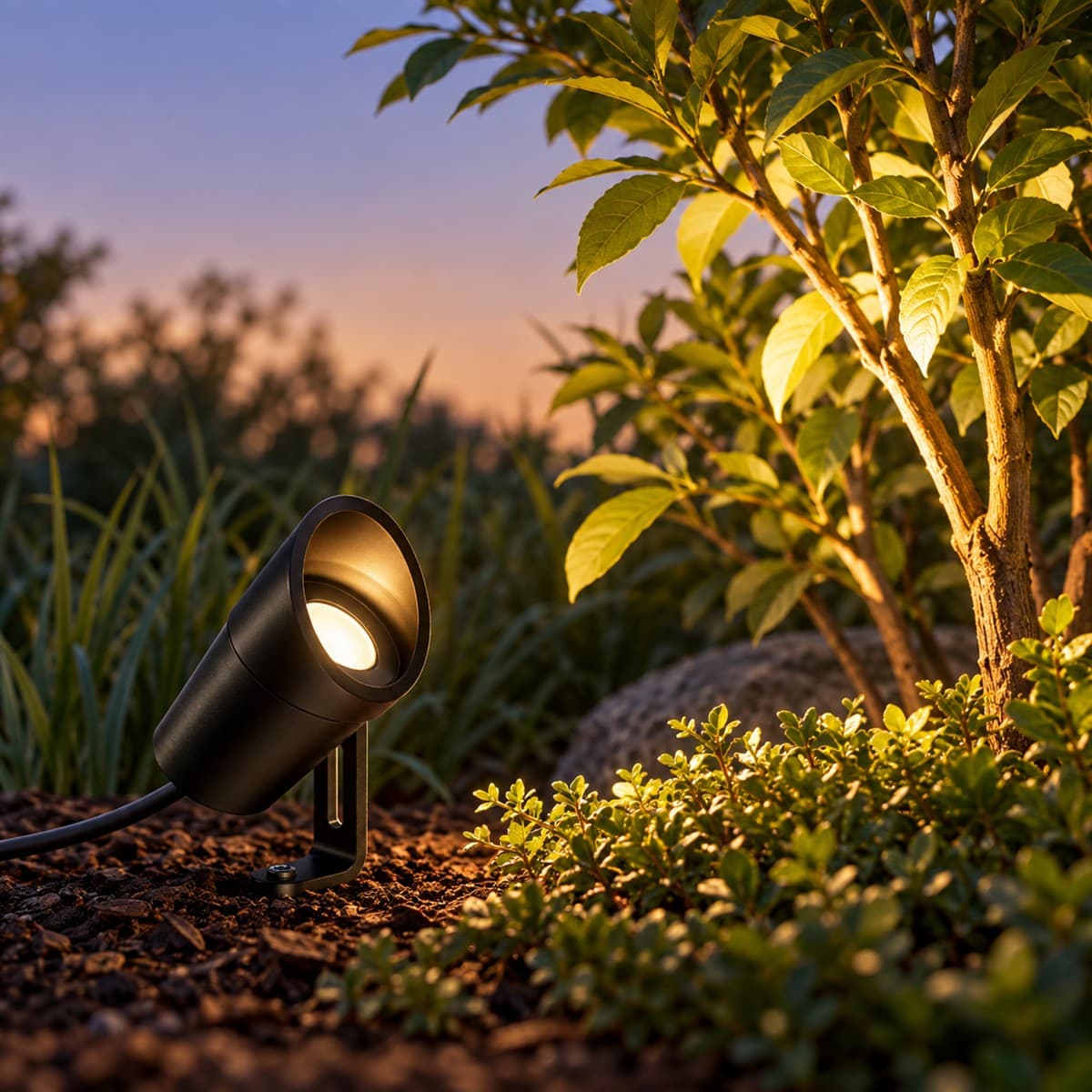 Đèn rọi cây chống nước 5W 30° Lumi đã lắp đặt, đang chiếu sáng