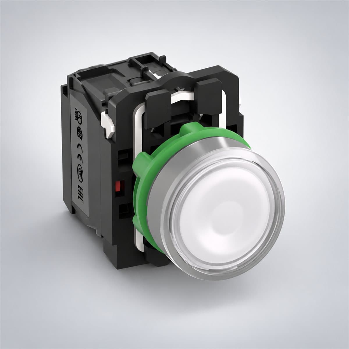 Nút nhấn đèn LED trọn bộ Harmony XB5 Schneider chụp góc nghiêng 3/4, thấy rõ mặt và cạnh bên