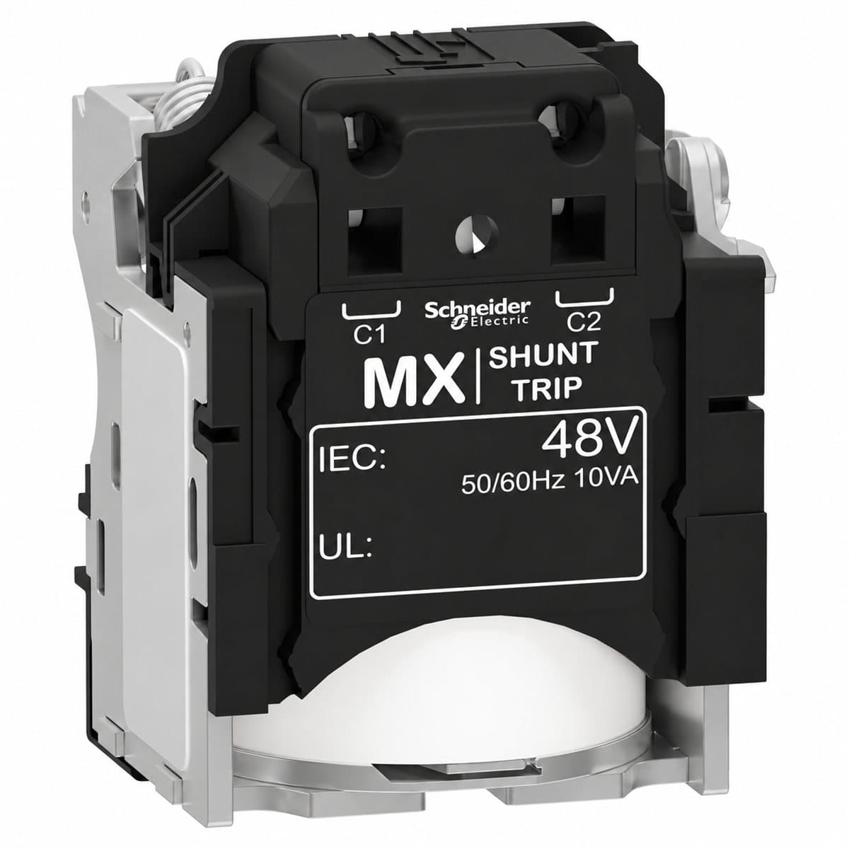 Cuộn shunt (MX) cho EasyPact EZC400/630 Schneider trên nền trắng, ảnh sản phẩm chính diện