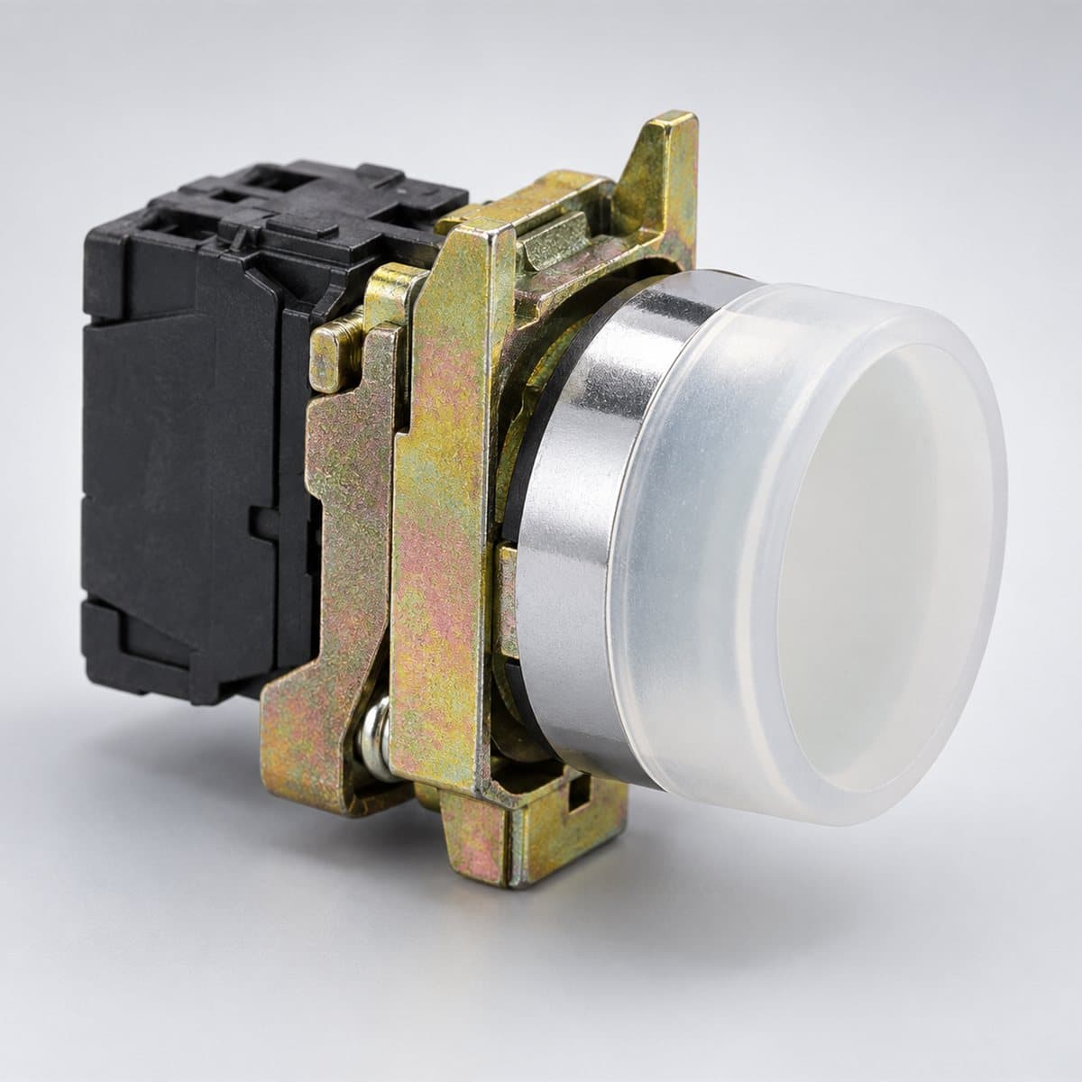 Đầu nút nhấn phẳng chụp silicon Harmony XB4 Schneider chụp góc nghiêng 3/4, thấy rõ mặt và cạnh bên
