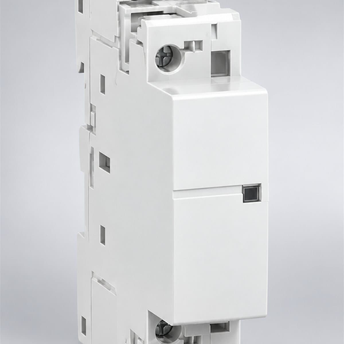 Contactor mô-đun Acti9 iCT Schneider chụp góc nghiêng 3/4, thấy rõ mặt và cạnh bên