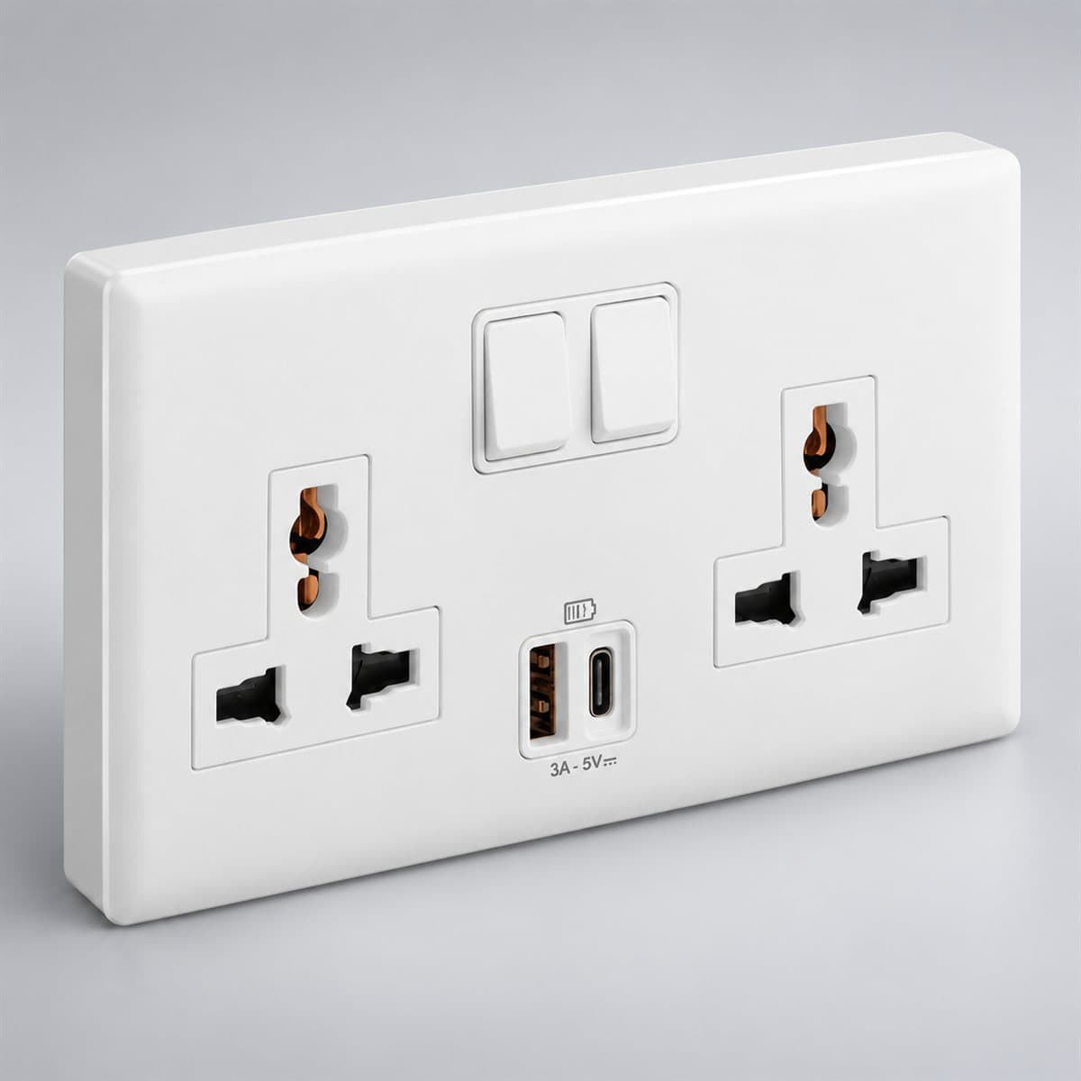 Ổ cắm đôi đa năng có công tắc Eloé USB Type A+C Legrand chụp góc nghiêng 3/4, thấy rõ mặt và cạnh bên