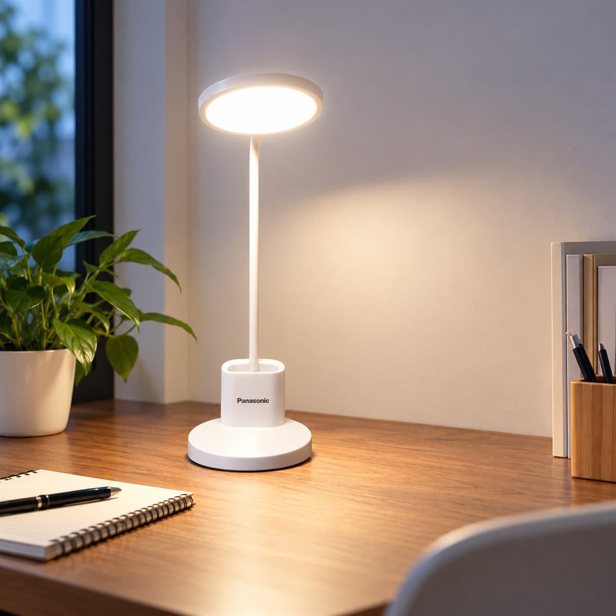Đèn bàn LED kèm cốc sạc Panasonic đã lắp đặt, đang chiếu sáng