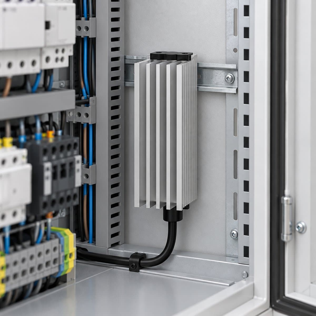 Điện trở sưởi tủ điện dây nguồn Schneider đã lắp đặt trong nhà