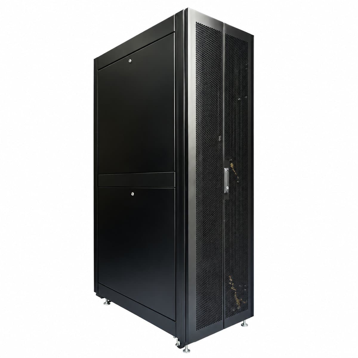 Tủ rack, thanh nguồn PDU, UPS và cáp mạng Legrand trên nền trắng, ảnh sản phẩm chính diện