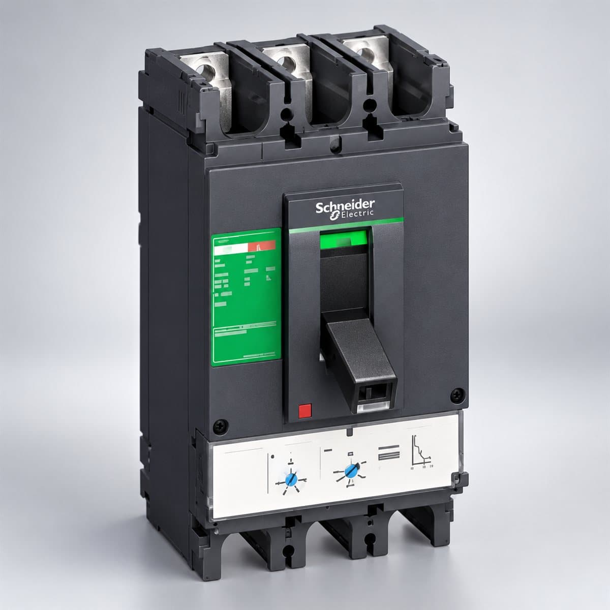 MCCB EasyPact CVS400/630 loại cố định Schneider chụp góc nghiêng 3/4, thấy rõ mặt và cạnh bên