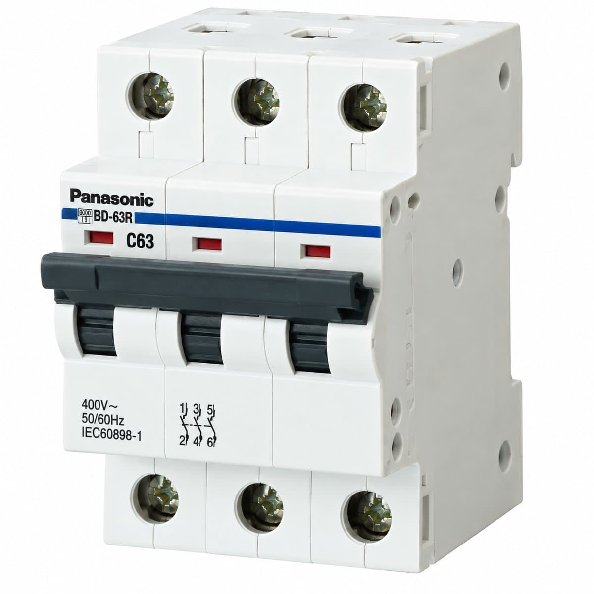 Cầu dao tự động MCB DIN Panasonic trên nền trắng, ảnh sản phẩm chính diện