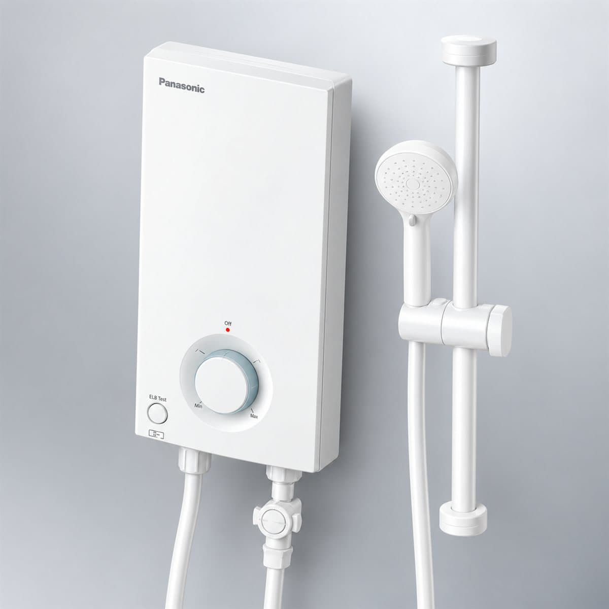 Máy nước nóng trực tiếp V Series Panasonic chụp góc nghiêng 3/4, thấy rõ mặt và cạnh bên