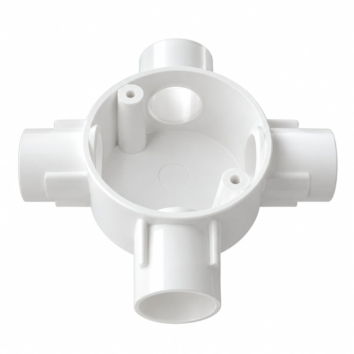 Hộp nối tròn 4 ngã ống luồn PVC Panasonic trên nền trắng, ảnh sản phẩm chính diện