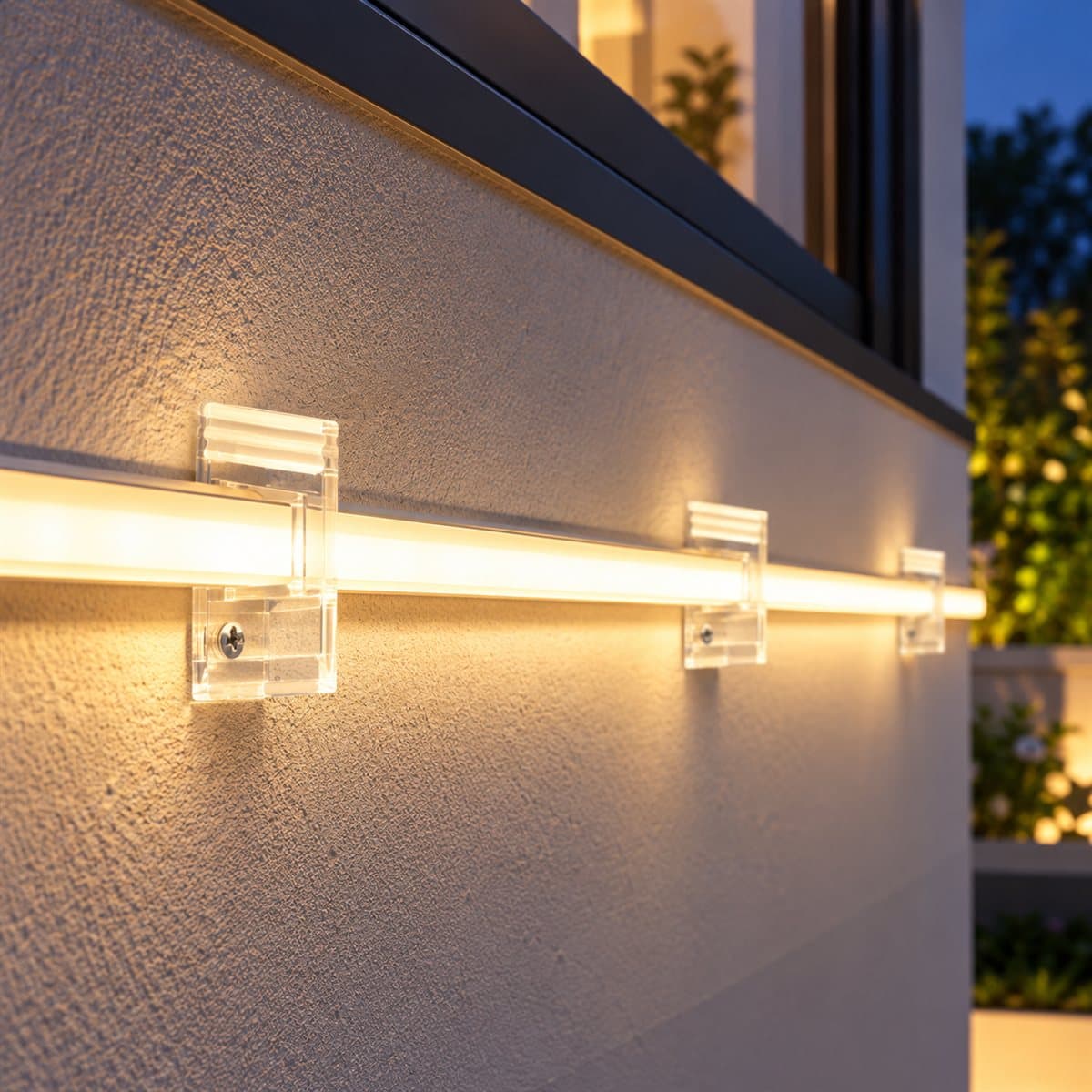 Nẹp gắn tường nhựa LED dây ngoài trời Panasonic đã lắp đặt, đang chiếu sáng