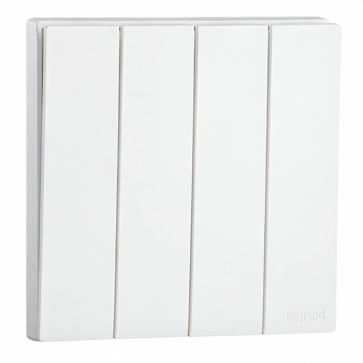 Công tắc bốn 1 chiều Obria Legrand trên nền trắng, ảnh sản phẩm chính diện