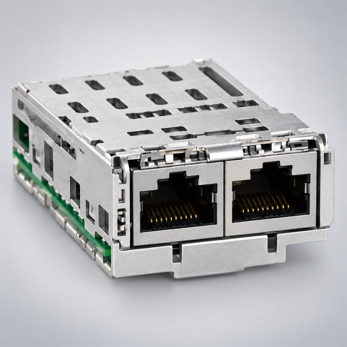 Mô-đun truyền thông Modbus TCP và EtherNet/IP cho ATV320 Schneider chụp góc nghiêng 3/4, thấy rõ mặt và cạnh bên