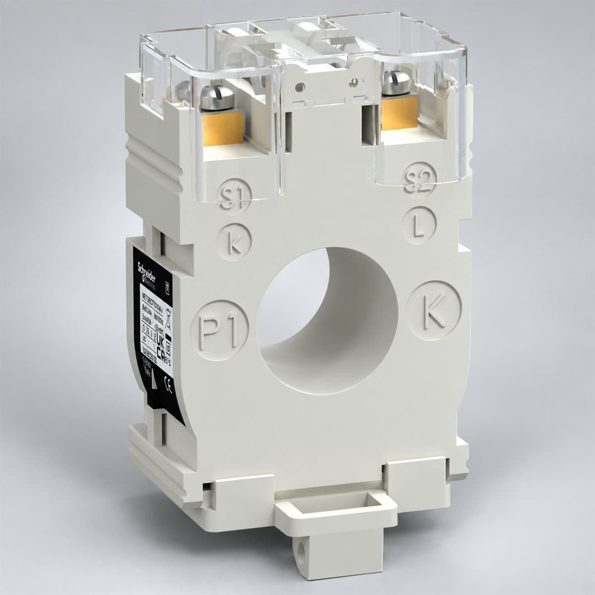 Máy biến dòng Ip/5A Type C (cáp) Schneider chụp góc nghiêng 3/4, thấy rõ mặt và cạnh bên