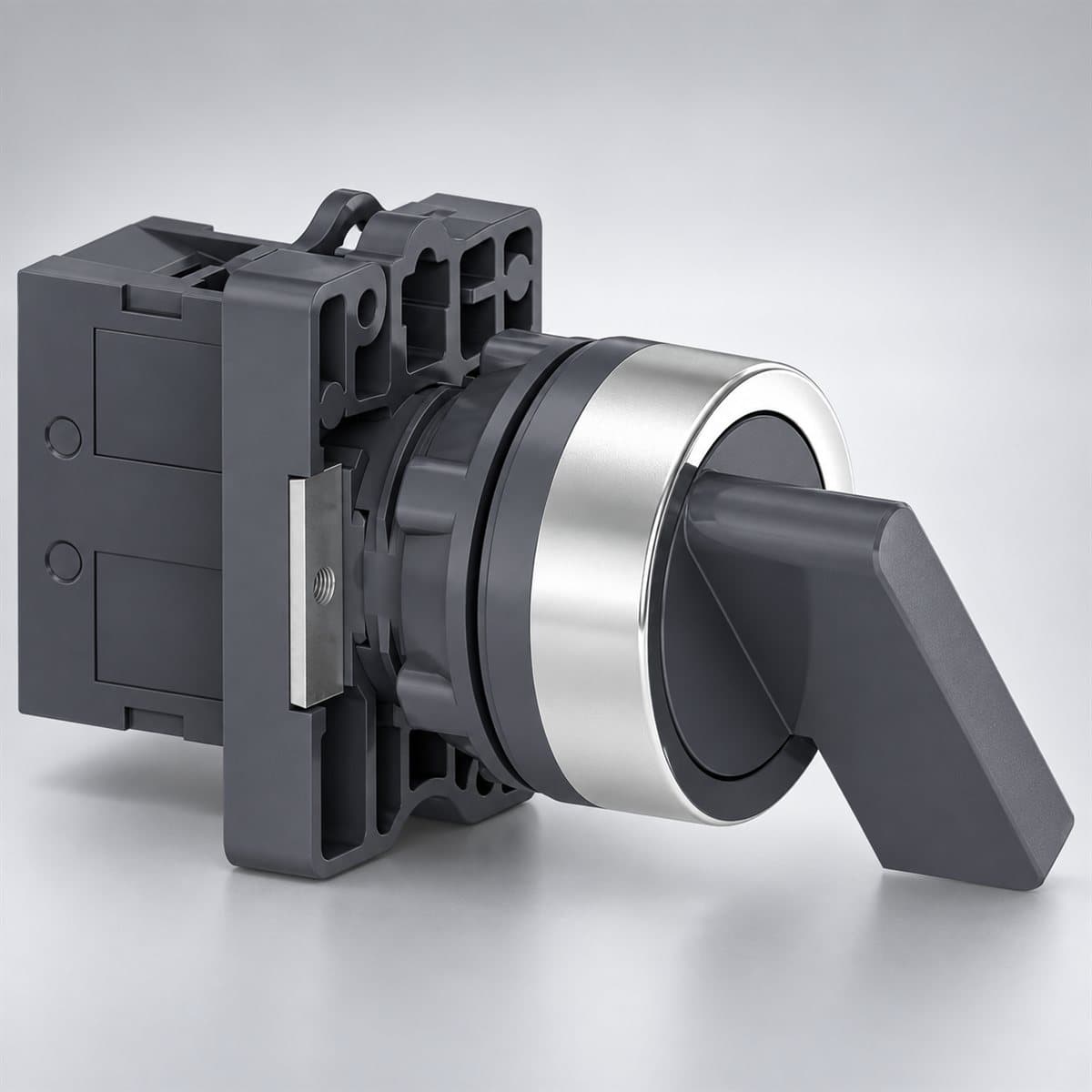 Công tắc xoay tay nắm dài Harmony XA2 Ø22 Schneider chụp góc nghiêng 3/4, thấy rõ mặt và cạnh bên