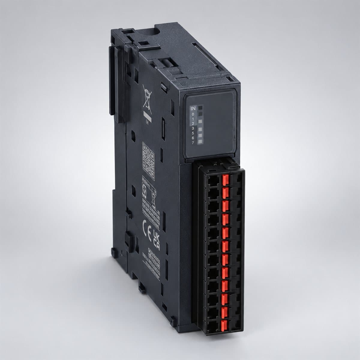 Mô-đun I/O số TM3 Modicon Schneider chụp góc nghiêng 3/4, thấy rõ mặt và cạnh bên
