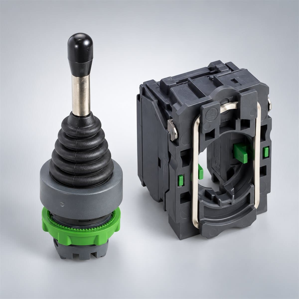 Cần điều khiển joystick Harmony XD 1 tốc độ Schneider chụp góc nghiêng 3/4, thấy rõ mặt và cạnh bên