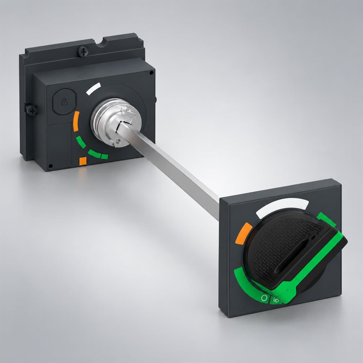 Tay xoay nối dài cho MCCB ComPacT NSX Schneider chụp góc nghiêng 3/4, thấy rõ mặt và cạnh bên