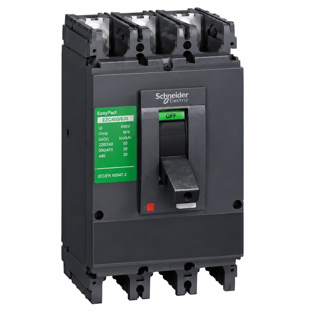 MCCB EasyPact EZC400/630 Schneider trên nền trắng, ảnh sản phẩm chính diện