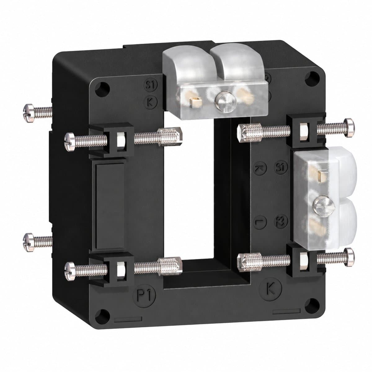 Máy biến dòng Ip/5A Type D (thanh, 2 đầu thứ cấp) Schneider trên nền trắng, ảnh sản phẩm chính diện