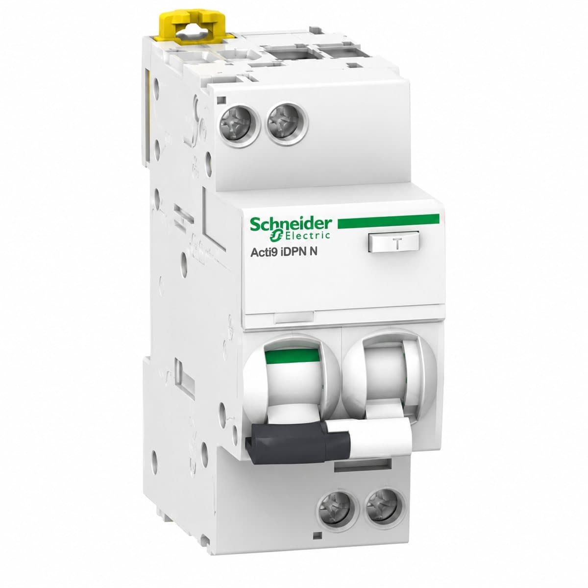 RCBO Acti9 iDPN N Schneider trên nền trắng, ảnh sản phẩm chính diện